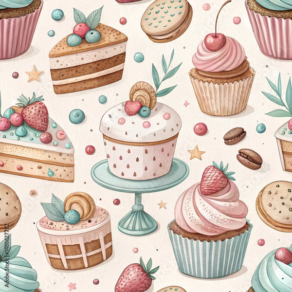 Fototapeta *Seamless Watercolor Dessert Background with Pastel Sweets for Eid Festive Celebrations*  