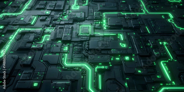 Fototapeta Futuristic Dark Circuit Board with Green Neon Light Patterns