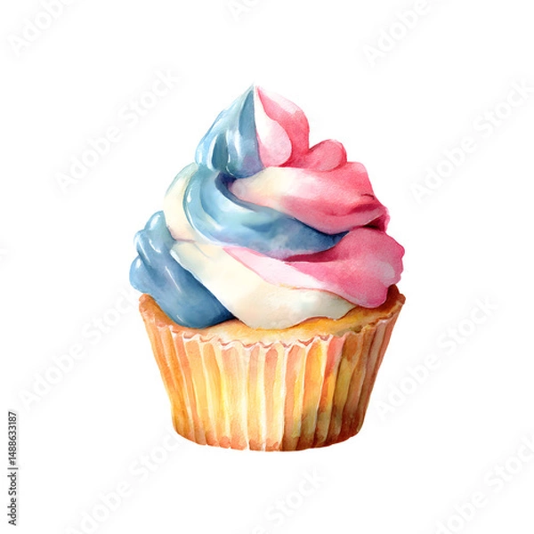 Fototapeta A colorful watercolor cupcake with layers of blue, white, and pink frosting sits isolated against a clean white background, perfect for dessert lovers.