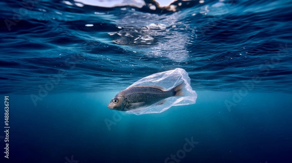 Obraz Plastic trash. Conceptual image of fish and plastic. Plastic pollution of the ocean, ecological crisis. Say no to plastic. Single-use plastic waste