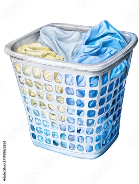 Fototapeta An illustration showcases a white plastic laundry basket filled with folded clothes in varying shades of blue, white, and yellow against a plain white background.