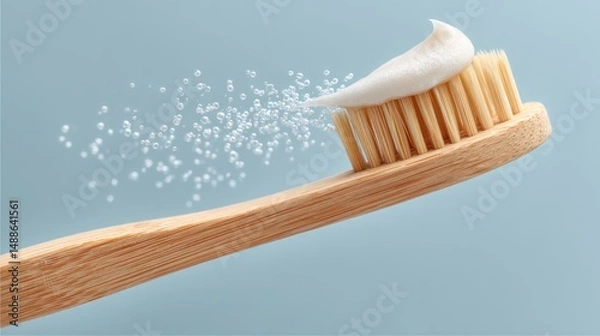 Fototapeta Natural toothbrush with toothpaste and water droplets