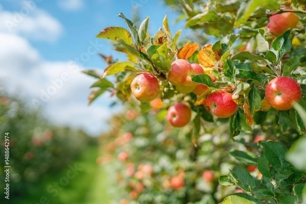 Fototapeta A row of red apples hanging from a tree
