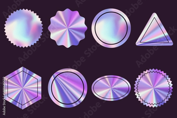 Fototapeta Shiny holographic empty labels or stickers in different shapes. Vector geometric trendy metal backgrounds
