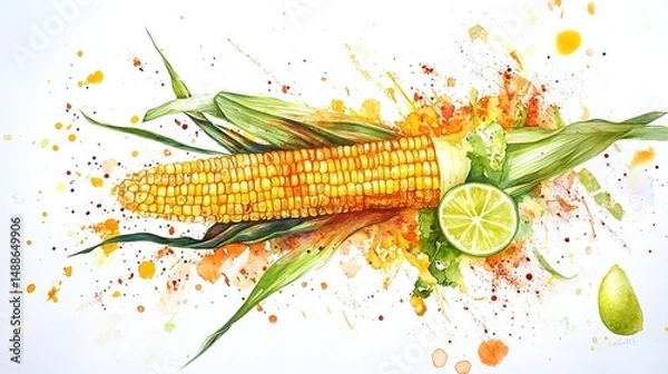 Obraz A watercolor painting of an ear of corn with its husks partially peeled back and a lime wedge in the center, all surrounded by splashes of yellow, orange, and green paint