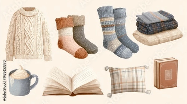 Fototapeta Cozy winter collection featuring warm sweaters, socks, blankets, a mug, a book, and a pillow