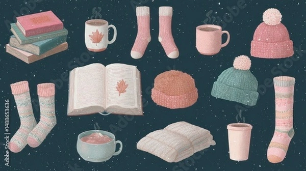 Fototapeta Cozy winter collection of books, mugs, socks, hats, and blankets