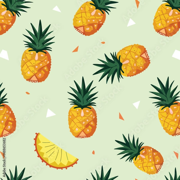 Fototapeta Pineapple Pattern Illustration with Whole Pineapples and Slices on Green Background