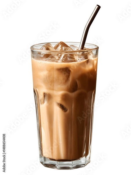 Fototapeta A refreshing iced coffee beverage with metal straw served in tall clear glass featu visible condensation and ice cubes, presented against a pure white backdrop.