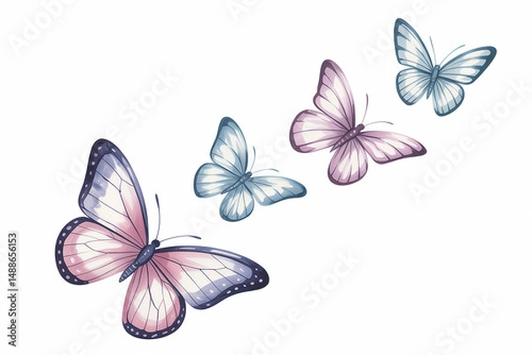 Obraz Elegant Watercolor Butterflies in Soft Pink and Blue Hues on White Background