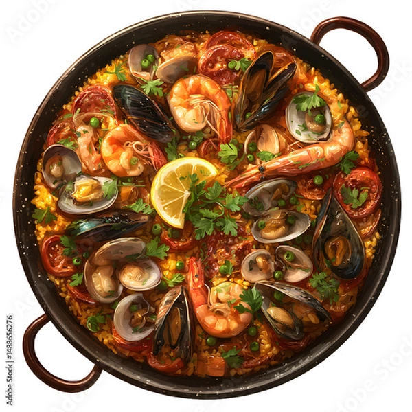 Fototapeta Overhead shot displays a vibrant paella bursting with fresh seafood, ripe tomatoes, and fragrant herbs in a rustic pan, enhanced by a lemon slice on a white background.