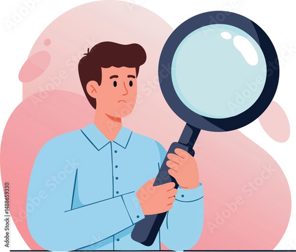 Fototapeta Man Holding Large Magnifying Glass Searching with Serious Expression Vector Illustration 