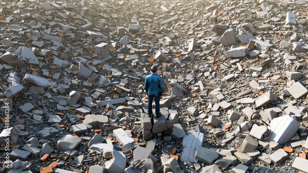 Obraz Man Standing on Rubble After Destruction - Leadership, Crisis Management, Economic Collapse, and Recovery, 3D Render