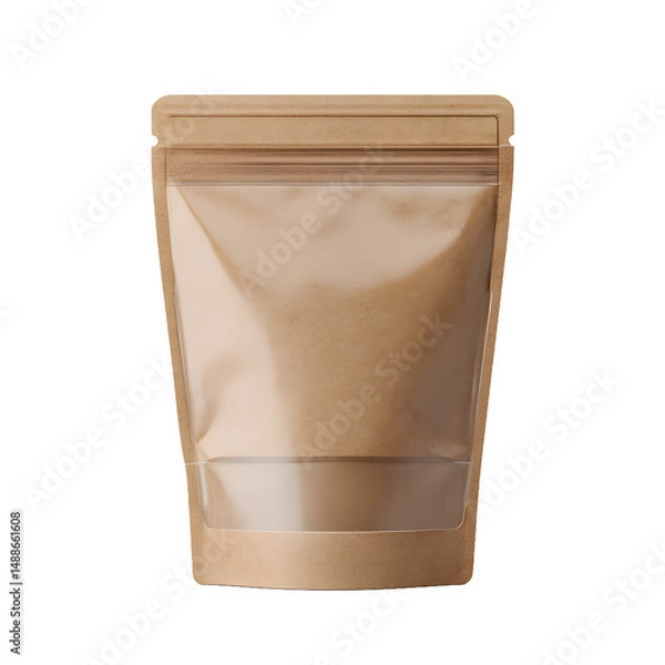 Fototapeta A brown kraft paper stand up pouch with a clear window, designed for showcasing and preserving various food products, displayed against a clean white background.