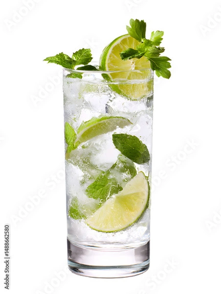 Fototapeta A refreshing mojito cocktail with ice cubes, lime slices, and fresh mint leaves is elegantly presented in a tall glass against a bright white background.