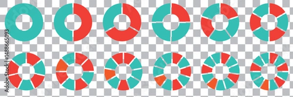 Fototapeta Pie chart set. Different color circles. Pie chart divided 1, 2, 3, 4, 5, 6, 7, 8, 9, 10, 11, 12 equal parts. donut and pie chart infographic elements. Colorful diagram graphs. Circle section graph.