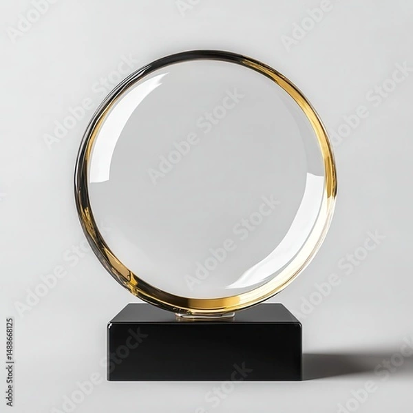 Fototapeta blank round glass award trophy mockup on black base with golden plate transparent design for branding or engraving white background.