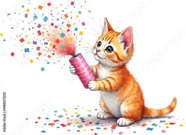 Obraz Playful kitten celebrates with a party popper and vibrant confetti in a cheerful watercolor illustration