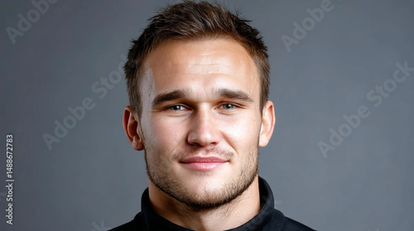 Obraz Professional athlete poses for a close-up portrait in a studio setting with neutral background and focused expression