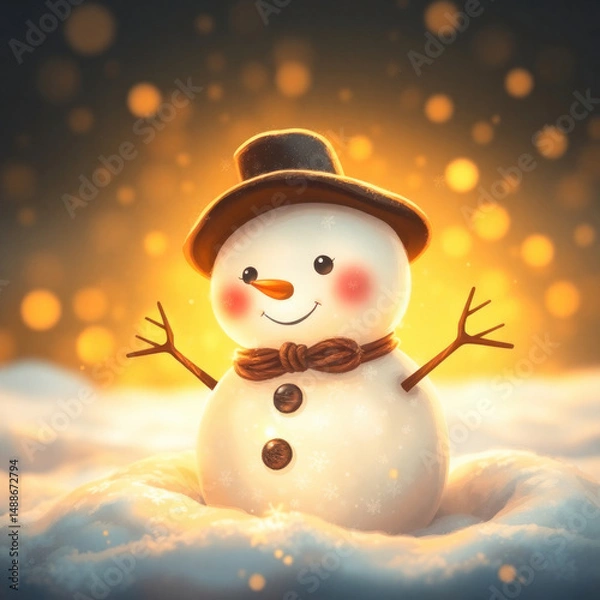 Obraz Cheerful snowman with a smile dressed in a hat and scarf in winter scenery