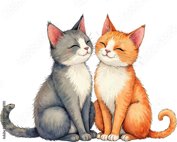 Obraz Heartwarming watercolor illustration of a cat couple sharing a tender moment, perfect for wedding or engagement themes