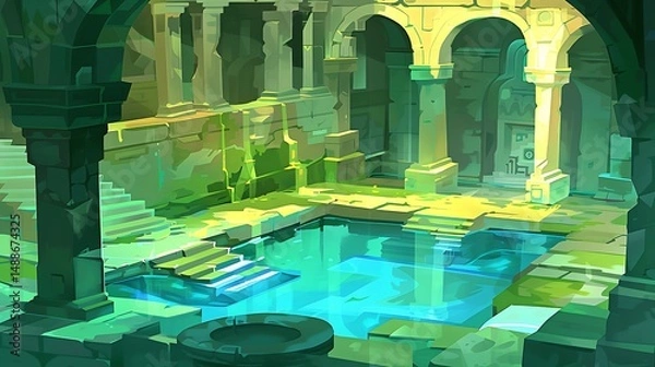 Fototapeta Sunken temple ruins with pool of water in a mystical, ancient underground.