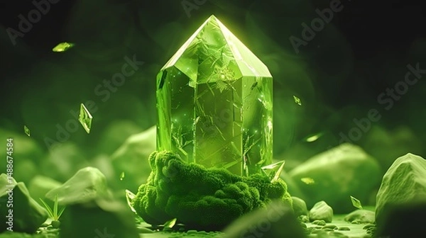 Fototapeta Glowing green crystal formation surrounded by rocks and moss in a forest.