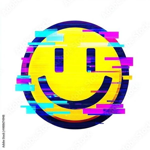Fototapeta Smiley face with glitch effect, digital happy emoji icon