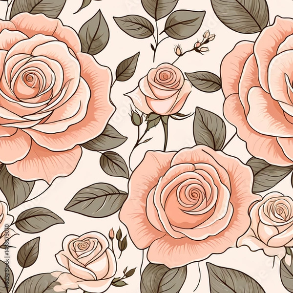 Obraz Delicate peach roses with lush green foliage pattern. Seamless pattern, one tile