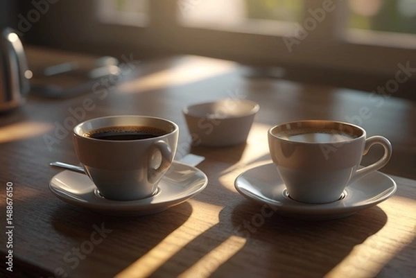Fototapeta Coffee cup on cafe table in detail closeup view