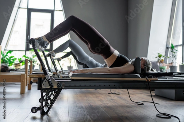 Fototapeta A group of woman exercises Glute bridge on a reformer bed machine in natural sunlight, focusing on pelvis and hips.