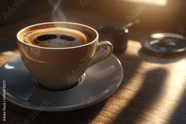 Fototapeta Coffee cup on cafe table in detail closeup view