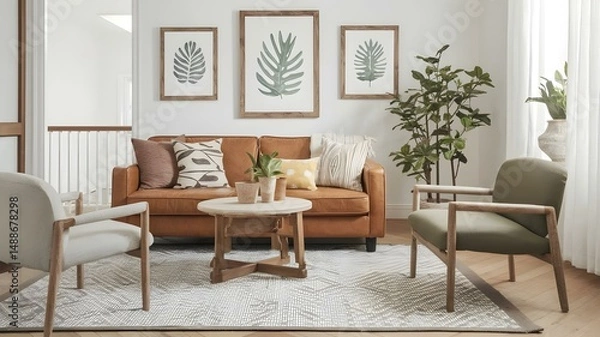 Fototapeta Modern Living Room Interior: Stylish Home Decor with Leather Sofa, Botanical Prints, and Neutral Colors
