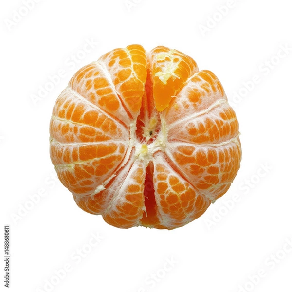 Obraz Fresh peeled tangerine showing vibrant orange segments on a white background, Fresh peeled tangerine isolated on white background