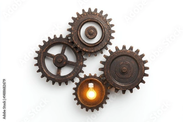 Fototapeta Interlocking gears with one gear housing a lit lightbulb, symbolizing ideas, innovation, and a connected working system.