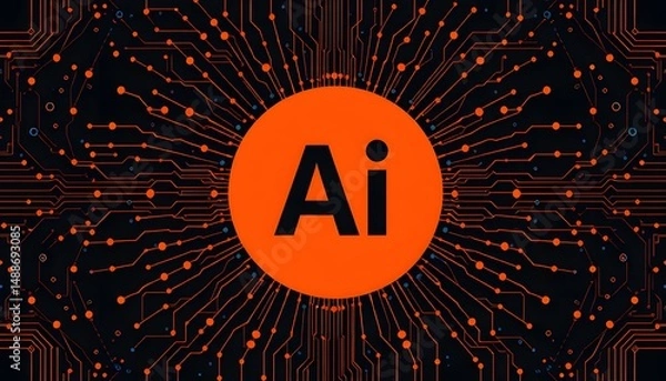 Fototapeta An orange  circled AI surrounded by a network of circuit  like patterns on a dark background. 