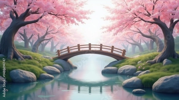 Obraz Illustration of a serene landscape with a wooden bridge over a clear stream, surrounded by pink cherry blossom trees, green grass, and smooth rocks in a Japanese-style setting.