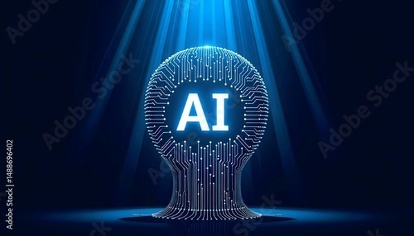 Fototapeta A circuit  patterned AI symbol in a head shape, illuminated by blue rays against a dark background. 