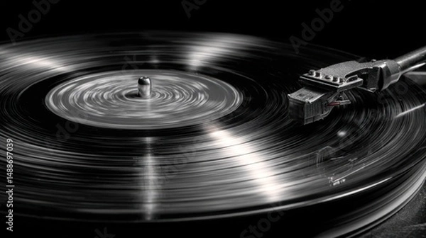 Obraz Spinning Vinyl Record Close Up Music Playback Detail Shot A Detailed View of a Rotating Vinyl Record on a Turntable