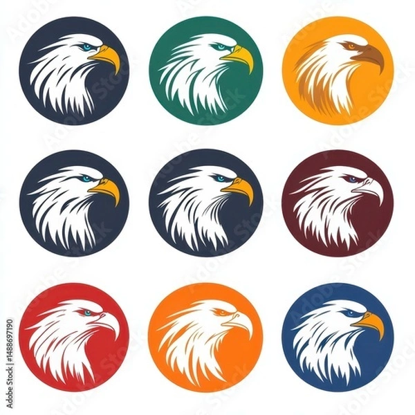 Obraz Eagle head illustrations in various colors arranged in a grid, showcasing detailed design artistry and vibrant backgrounds