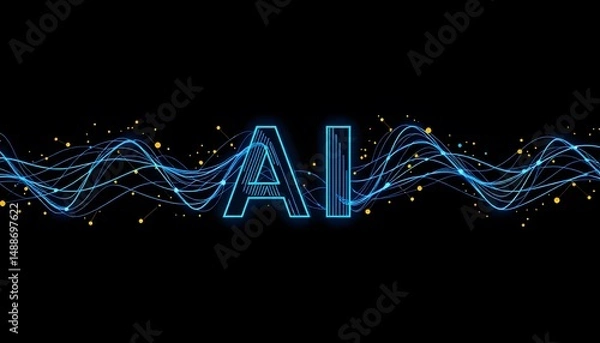 Fototapeta The image features glowing blue AI letters on a black background, surrounded by wavy lines and small yellow dots. 