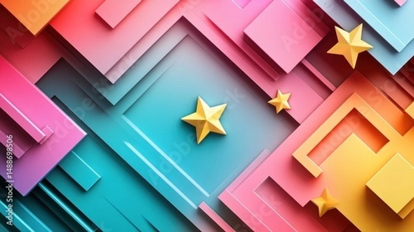 Fototapeta Abstract geometric shapes, vibrant colors, and golden stars