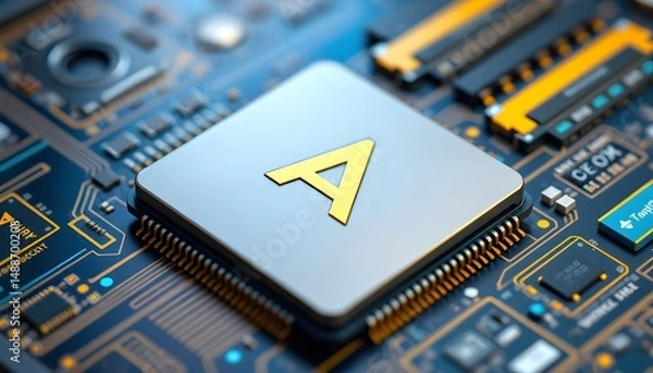 Fototapeta A microchip with a golden "A" symbol on a detailed circuit  board, showcasing tech components. 