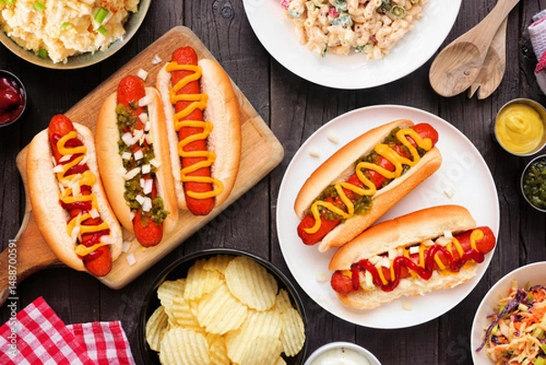 Obraz BBQ table scene with hot dogs, classic salads and snacks. Above view over a dark wood background.