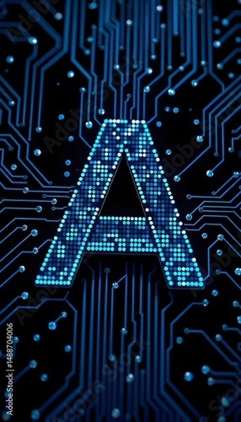 Fototapeta A glowing, pixel  styled letter "A" set against a circuit  board background. 