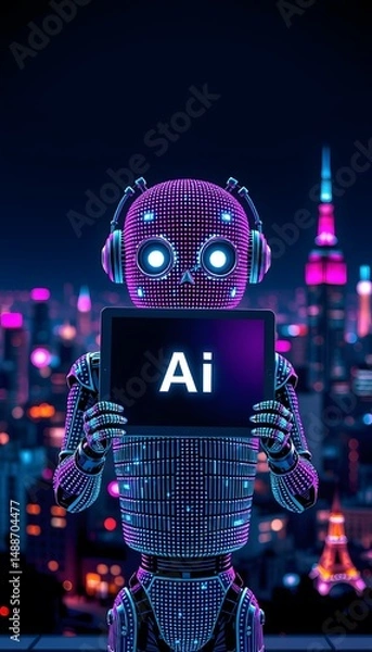 Fototapeta A neon  lit robot wearing headphones holds a tablet with AI against a vibrant cityscape. 
