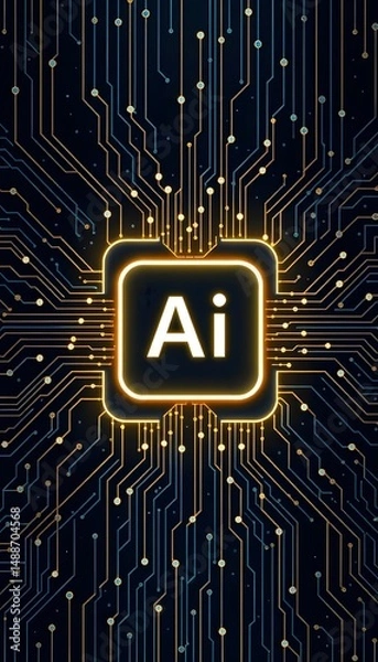 Fototapeta A glowing AI symbol surrounded by intricate, circuit  like patterns on a dark background. 