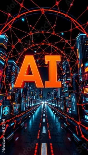 Fototapeta A neon  lit AI stands out against a cyber  cityscape with network lines and a road stretching into the distance. 