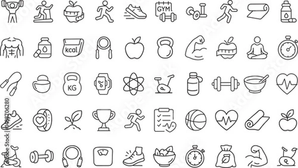 Obraz Fitness and Gym Icons Set – Workout, Dumbbell, Muscle, Cardio, Healthy Lifestyle and Exercise Equipment – Line and Solid Vector Collection