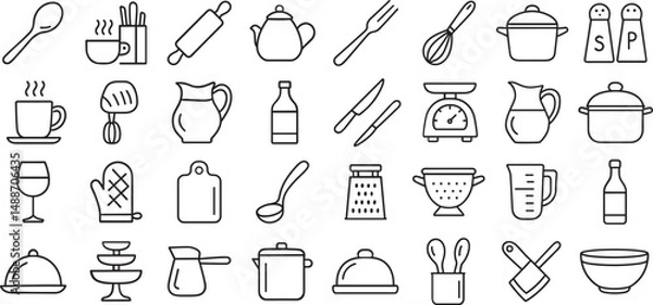 Obraz Food and Kitchen Icons Set – Salad, Poke Bowl, Pizza, Pasta, Burger, Tableware, Cooking Utensils and Fresh Ingredients – Line Vector Collection